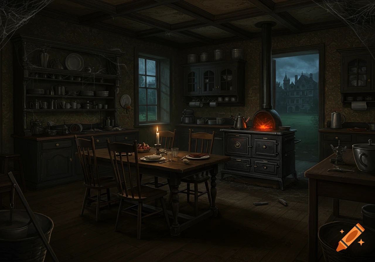 A dimly lit spooky Victorian kitchen at night with a lit candle and stove fire.
