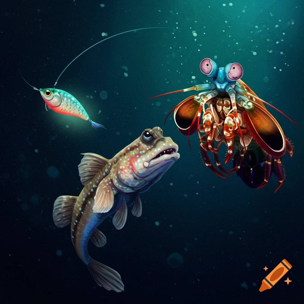 Illustration of a mudskipper, a mantis shrimp, and a small glowing fish underwater.