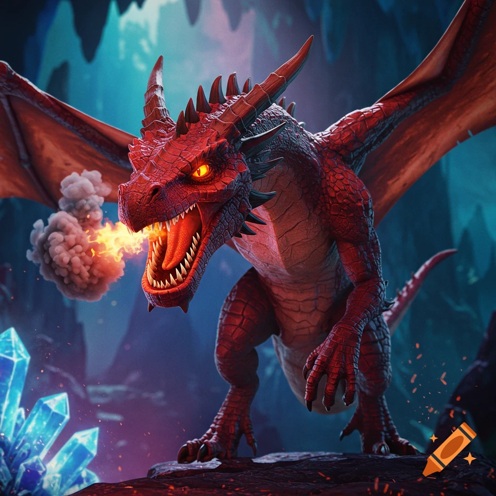 A red dragon breathes fire in a dark cave surrounded by crystals.