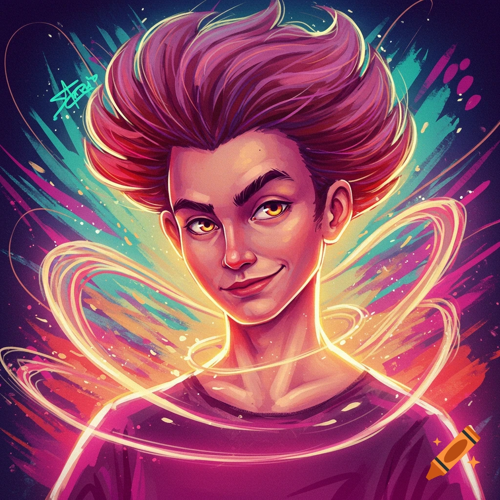 Stylized portrait of a young person with purple hair and yellow eyes against a vibrant abstract background.