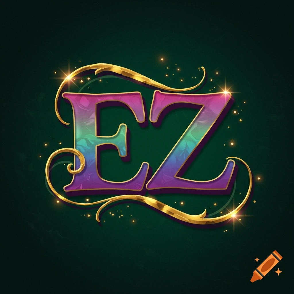 Fancy calligraphy letters 'EZ' with gold trim and sparkles on a dark green background.