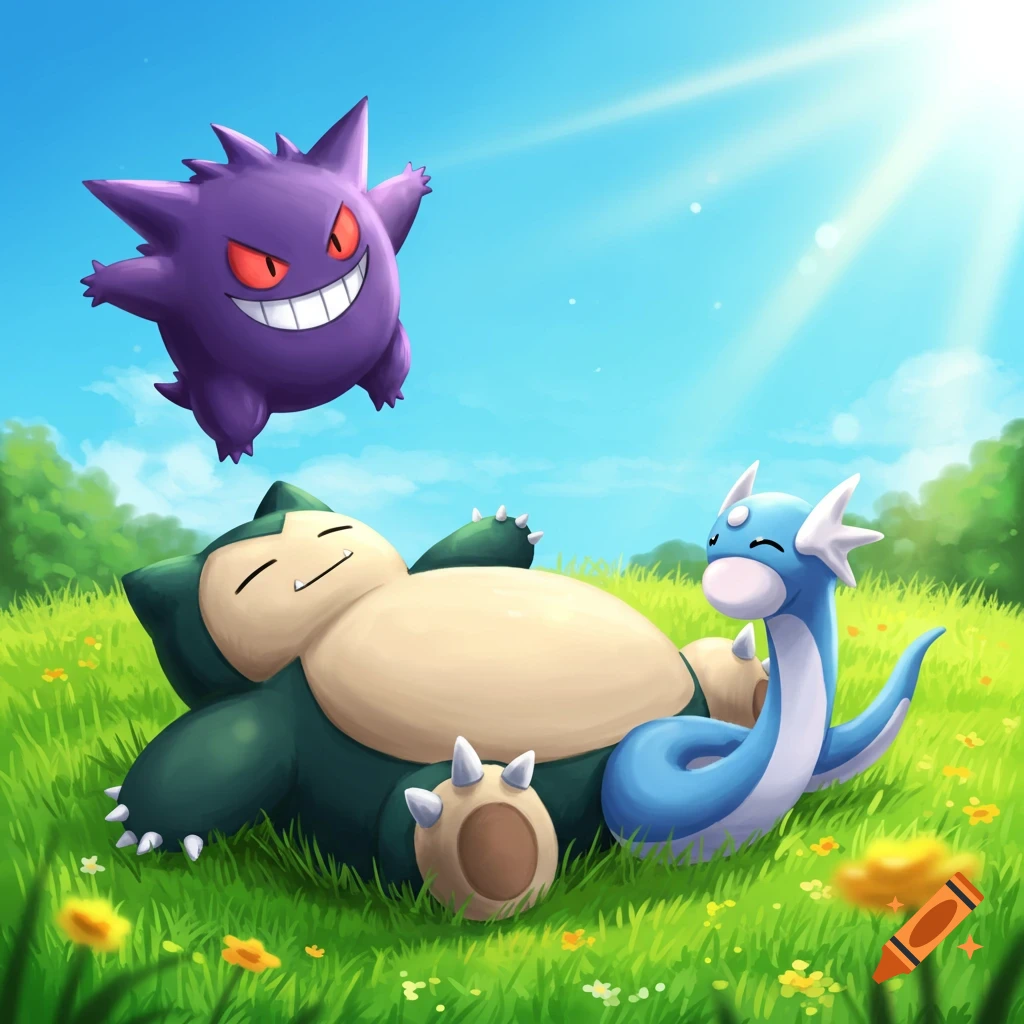 Gengar floats above a napping Snorlax and Dratini in a sunny grassy field.