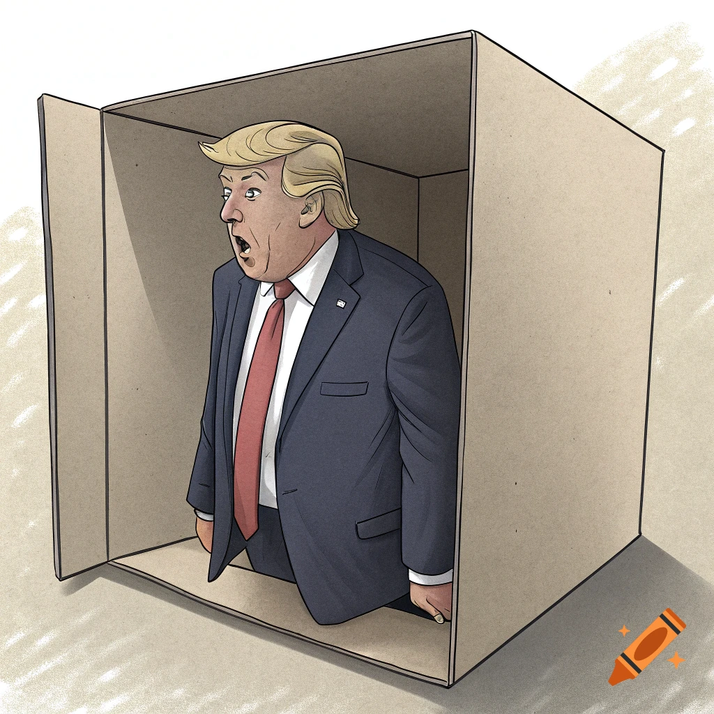 Cartoon of Donald Trump inside a cardboard box.