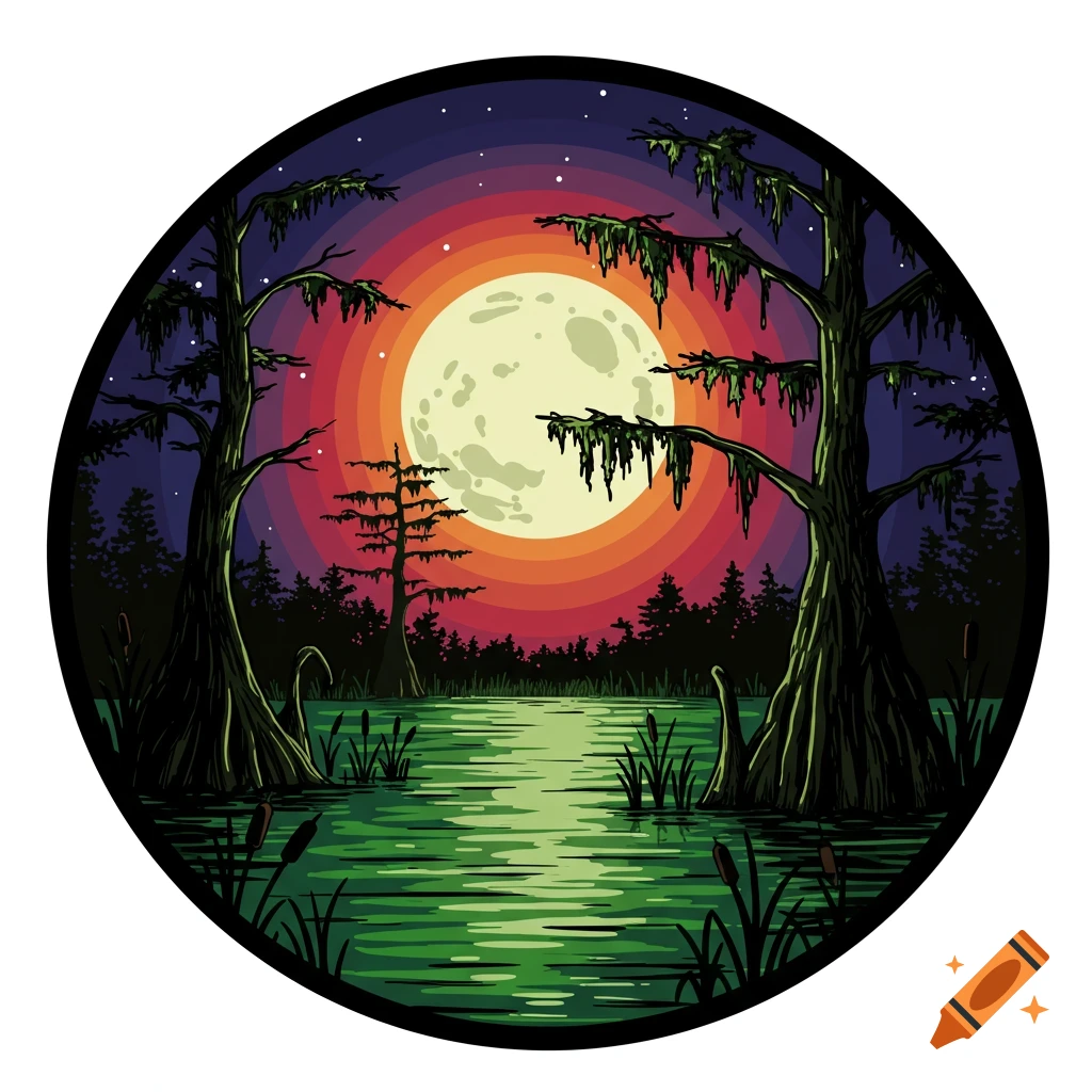Comic art of a moonlit swamp with cypress trees and cattails reflected in the water.