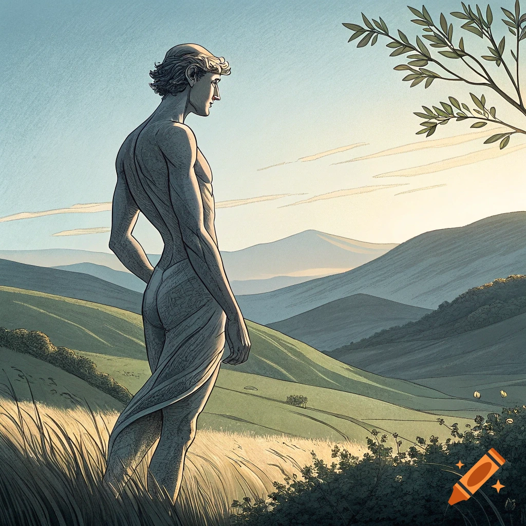 Artistic rendering of a statue-like man overlooking a rolling landscape.