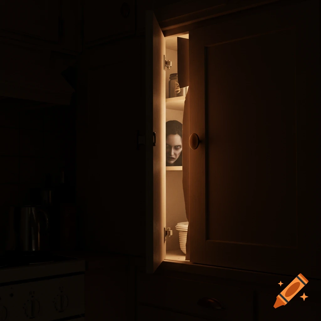 Creepy figure peeking from a dark kitchen cabinet in a dimly lit, realistic scene.