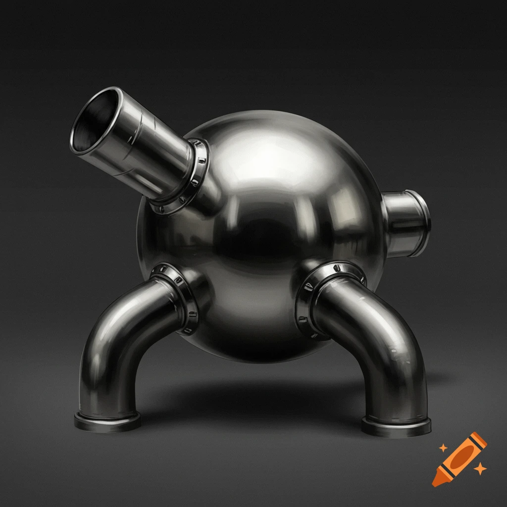 A shiny metal sphere object with pipes attached, standing on three pipe legs.
