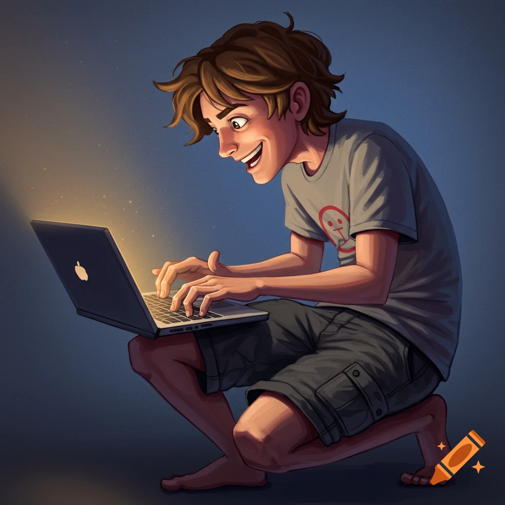 Cartoon illustration of a young person engrossed in a laptop, bathed in screen light.