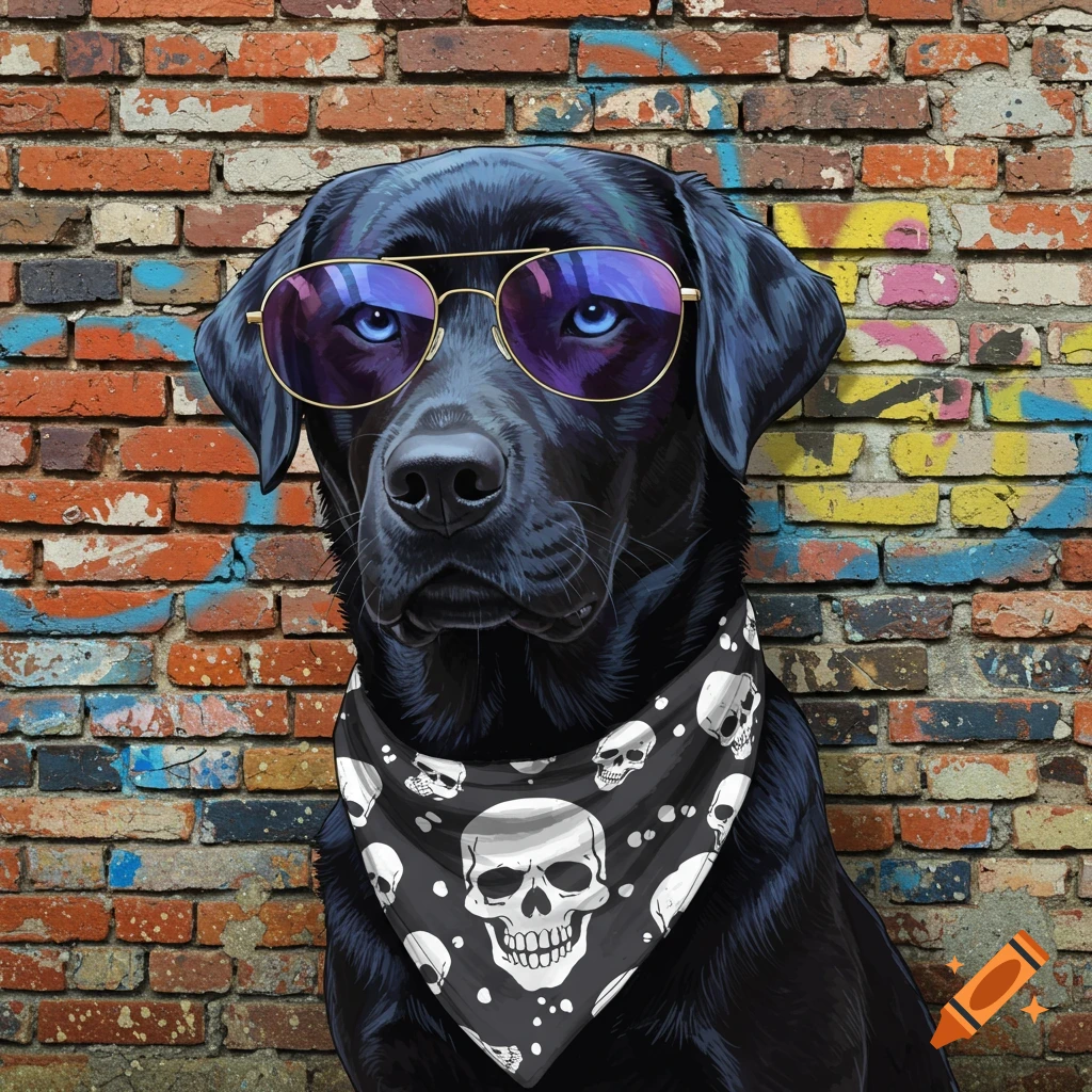 Illustration of a black dog in sunglasses and a skull bandana against a graffiti brick wall.