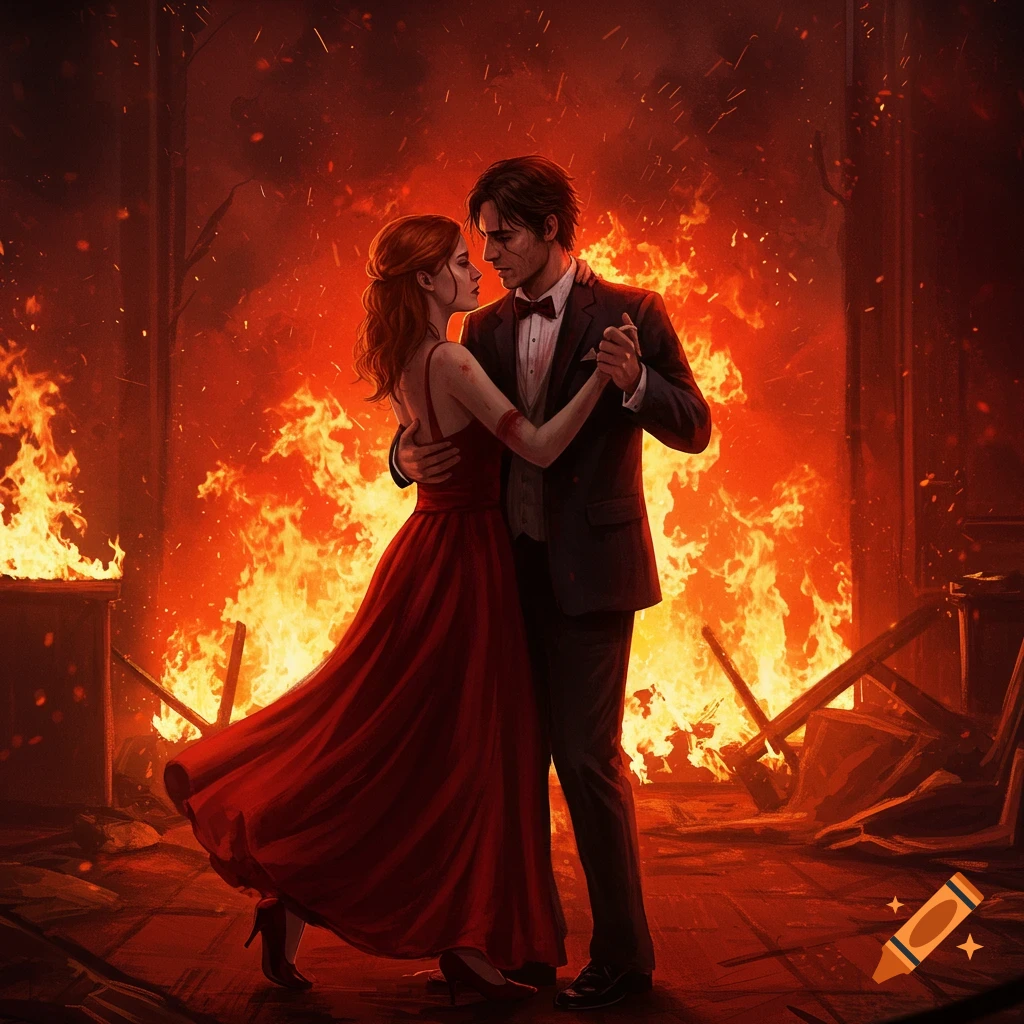 A couple dances closely in a room filled with flames and debris.