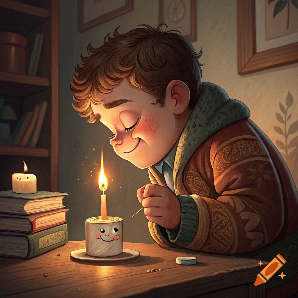 Illustration of a young boy lighting a small candle with a face drawn on it, sitting at a table with books by candlelight.