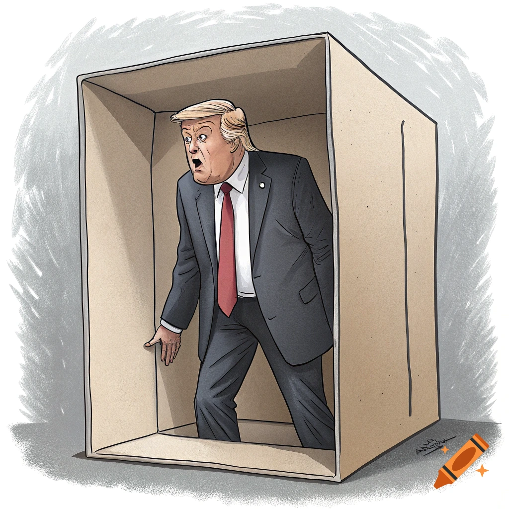 Cartoon caricature of Donald Trump looking surprised in a cardboard box.