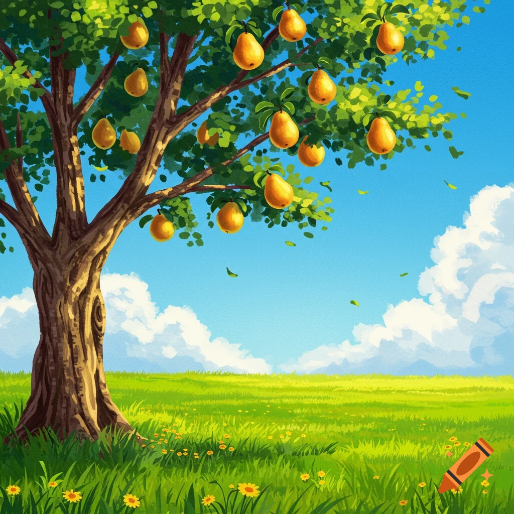 Illustration of a pear tree in a grassy field under a blue sky.