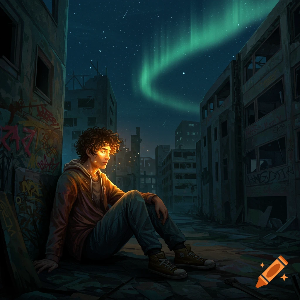 Person sitting in the dark with light shining on them in a broken world, album cover art