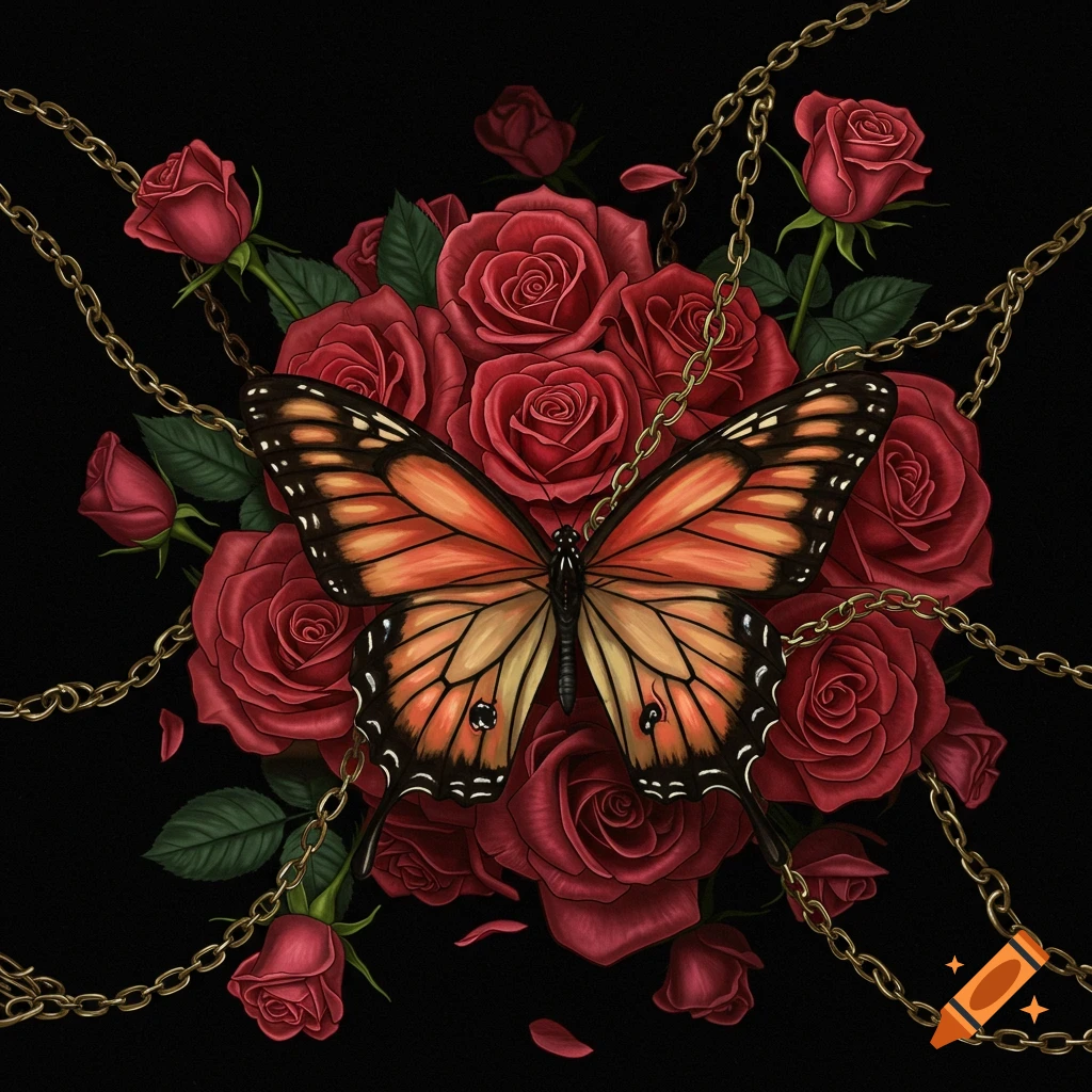 Illustration of an orange butterfly surrounded by red roses and golden chains on a black background.