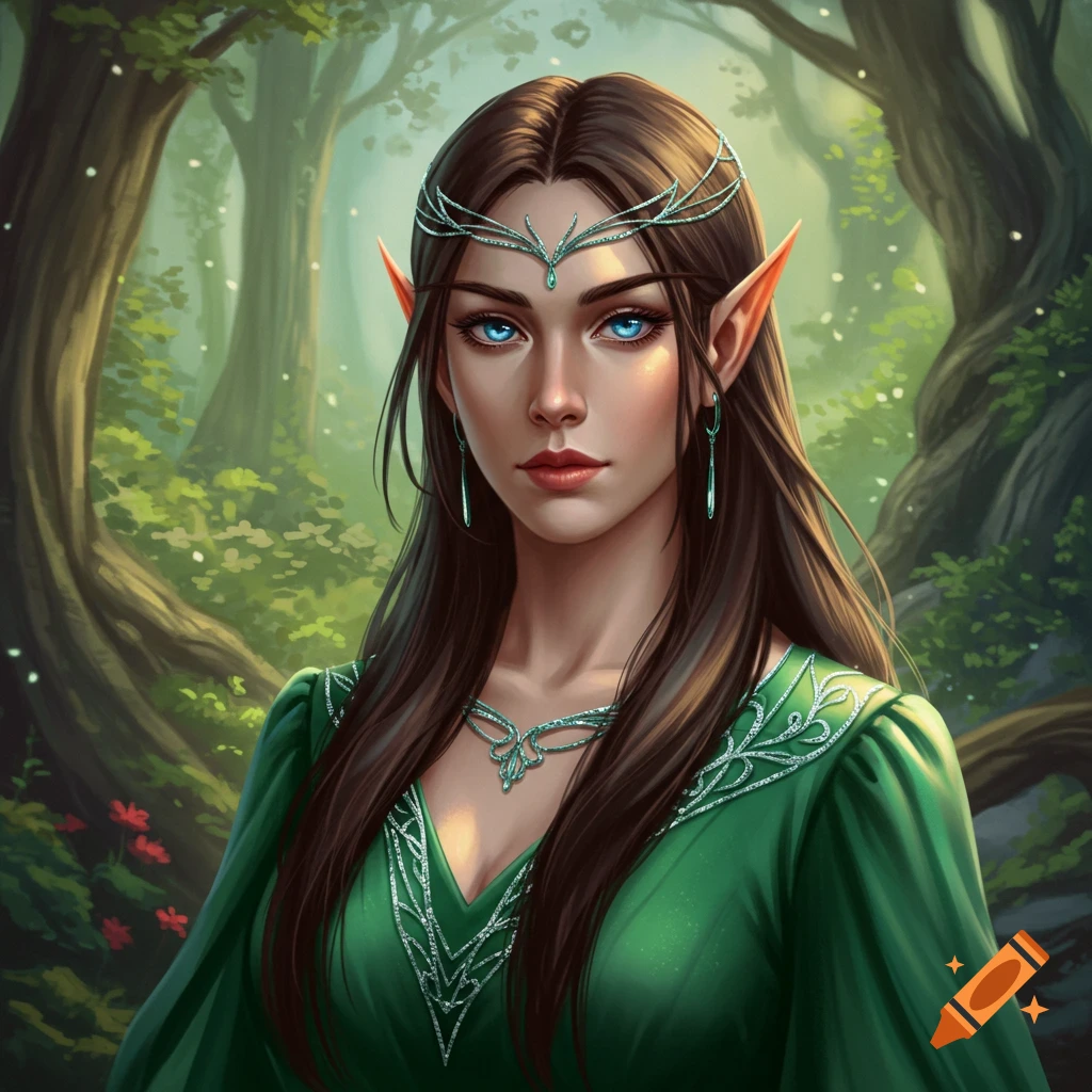 Portrait of a female elf with blue eyes, long brown hair, green dress, and jewelry in a forest.
