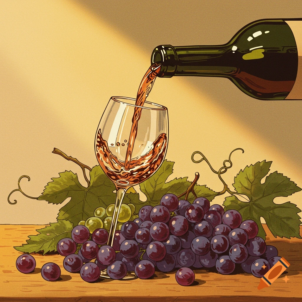Illustration of wine being poured into a glass next to grapes and leaves.