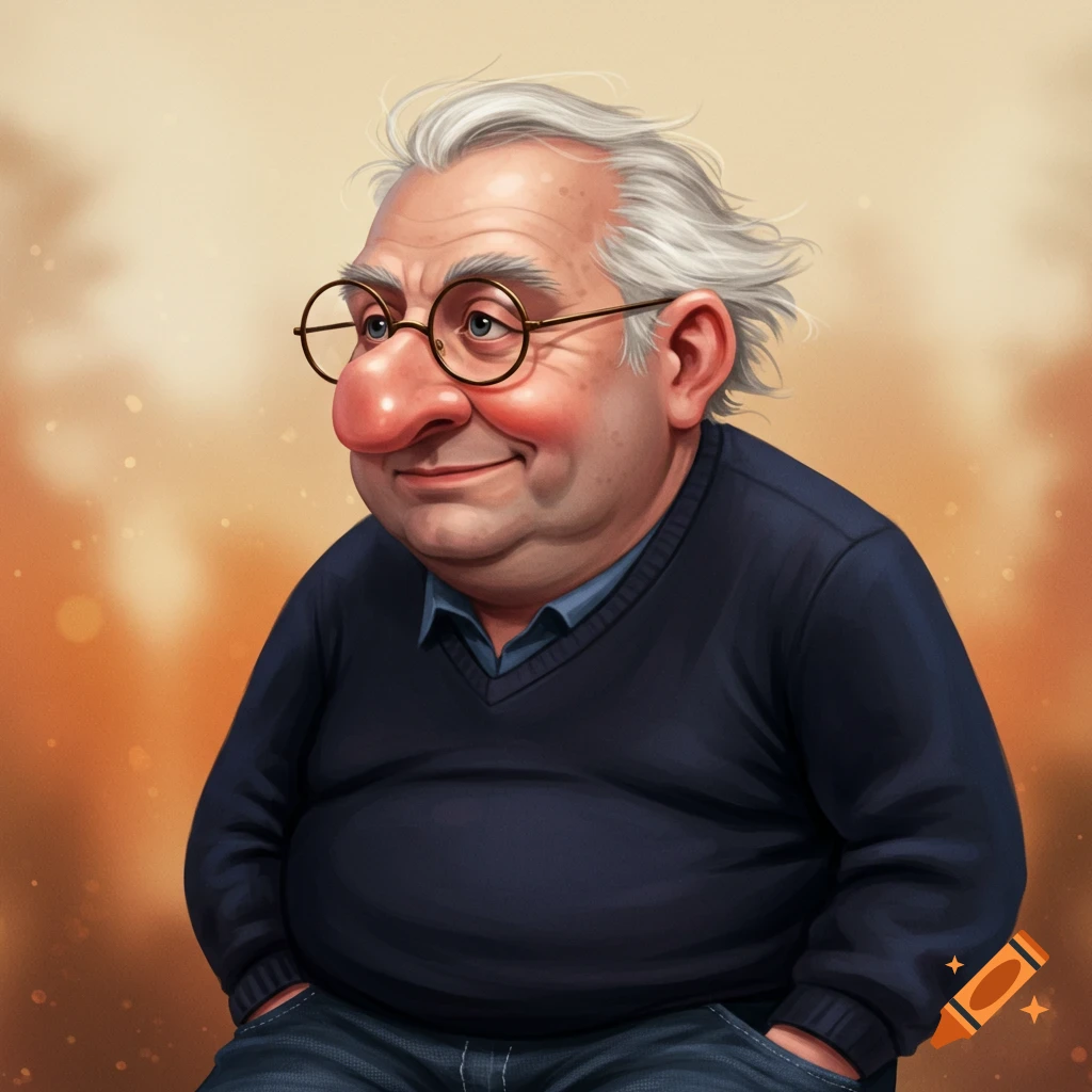 Cartoon portrait of an older man with large round glasses and white hair.