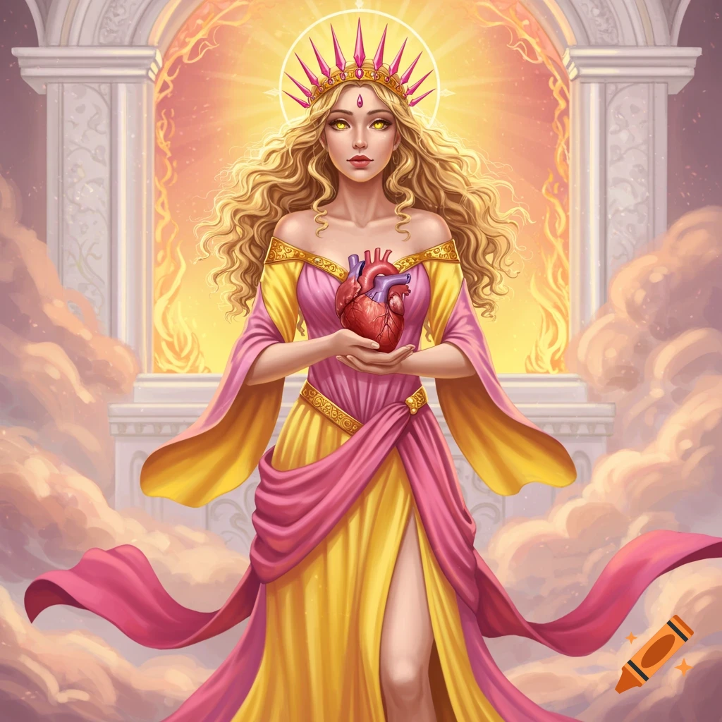 Fantasy illustration of a woman with yellow eyes and a golden crown holding a human heart.
