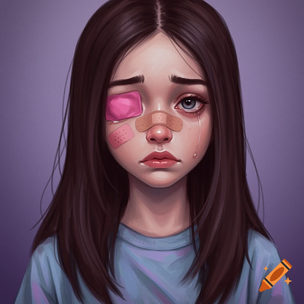 Sad girl with eye band-aid