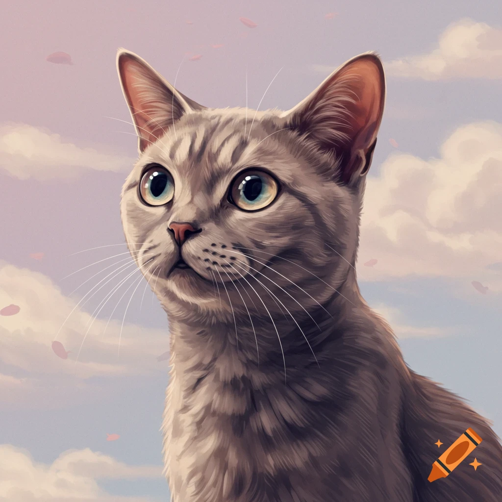Illustration of a grey cat looking up at a cloudy sky with falling shapes.