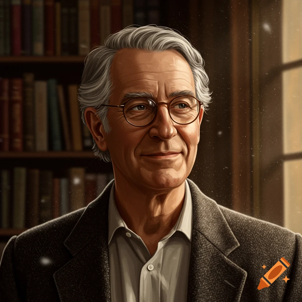 Portrait of an older man with gray hair and glasses in a library.