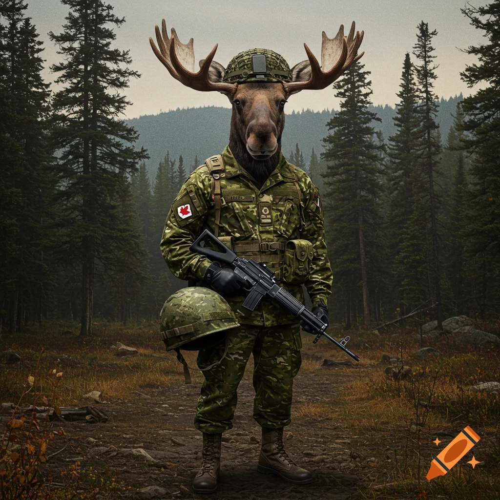 A moose wearing a Canadian military uniform stands in a forest, holding a rifle.