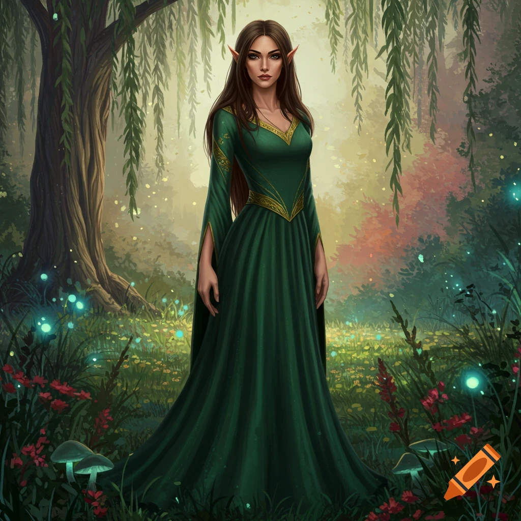 A fantasy art portrait of an elf woman in a green dress standing in a forest.