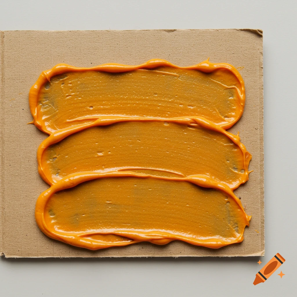 Three strokes of orange paint or glue on brown cardboard