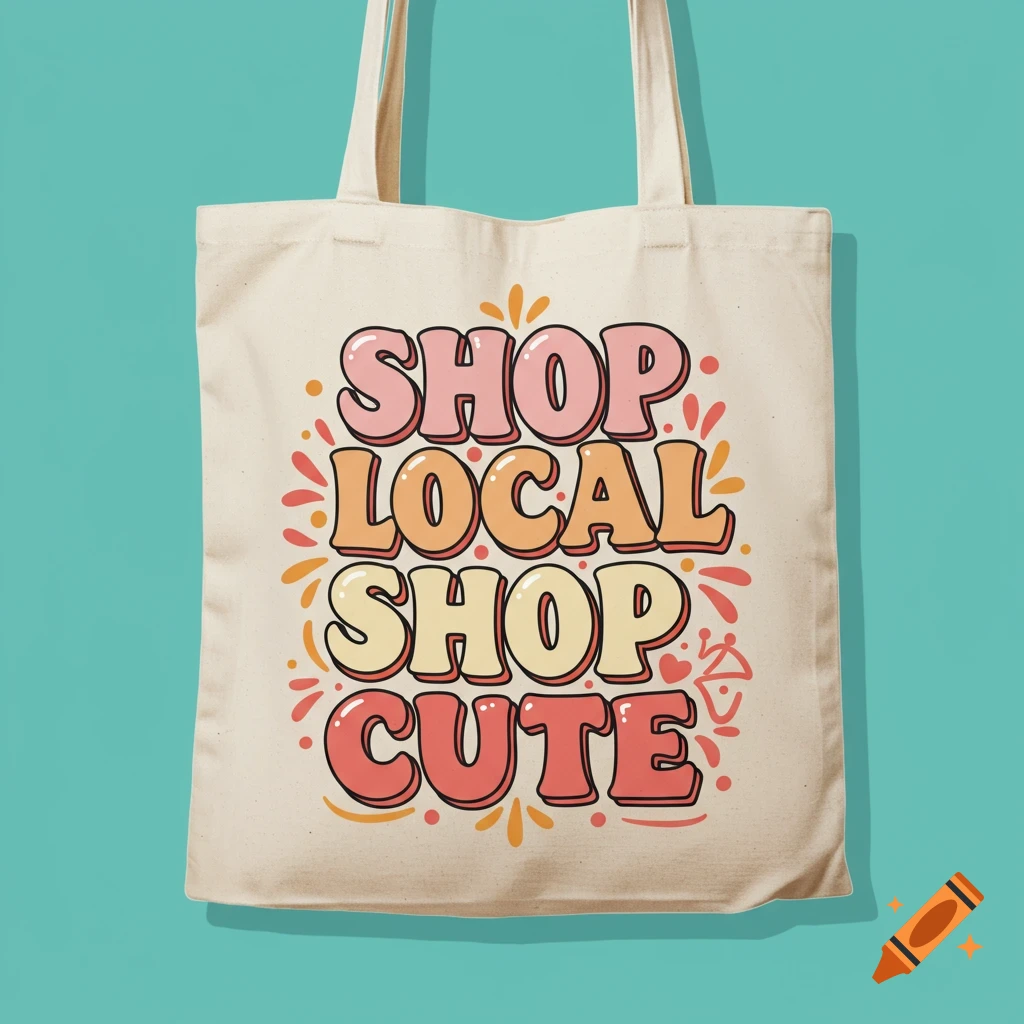 A canvas tote bag with the text "SHOP LOCAL SHOP CUTE" in colorful, retro-style bubble letters.