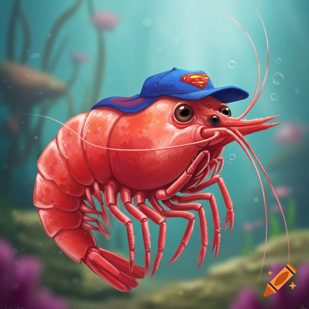 Illustration of a cartoon red shrimp wearing a Superman cap underwater among coral.