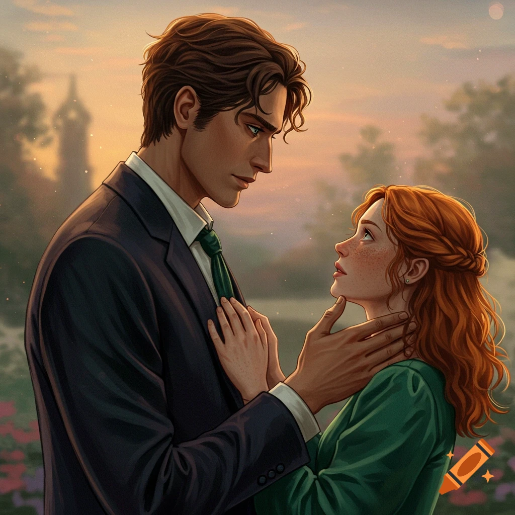 Illustrative portrait of a man in a suit holding the face of a red-haired woman in a green dress as they look at each other.
