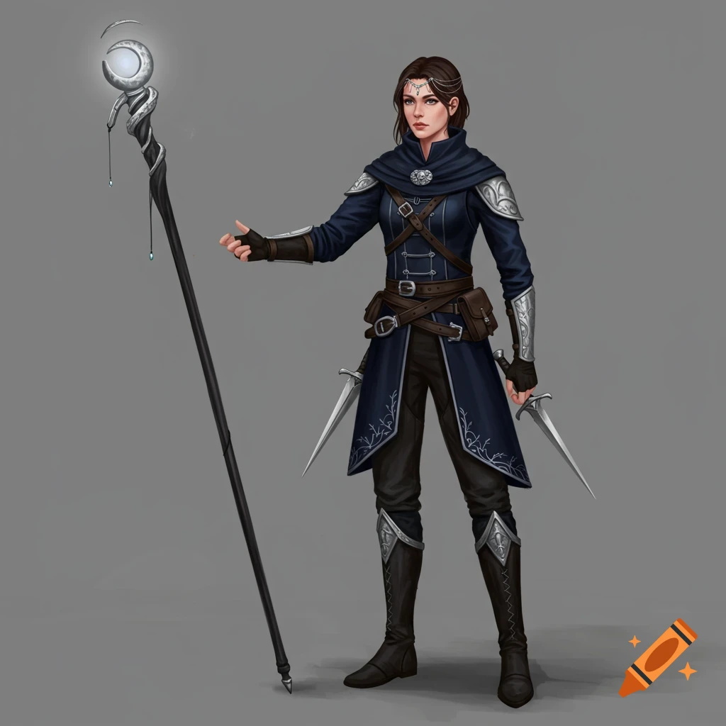 A fantasy character portrait of a woman in a blue coat with silver armor, holding a staff with a moon and two silver daggers.