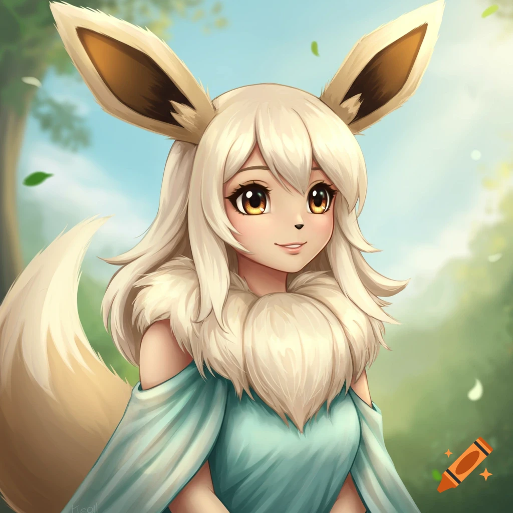 An illustrated humanoid female Eevee character stands in a forest.