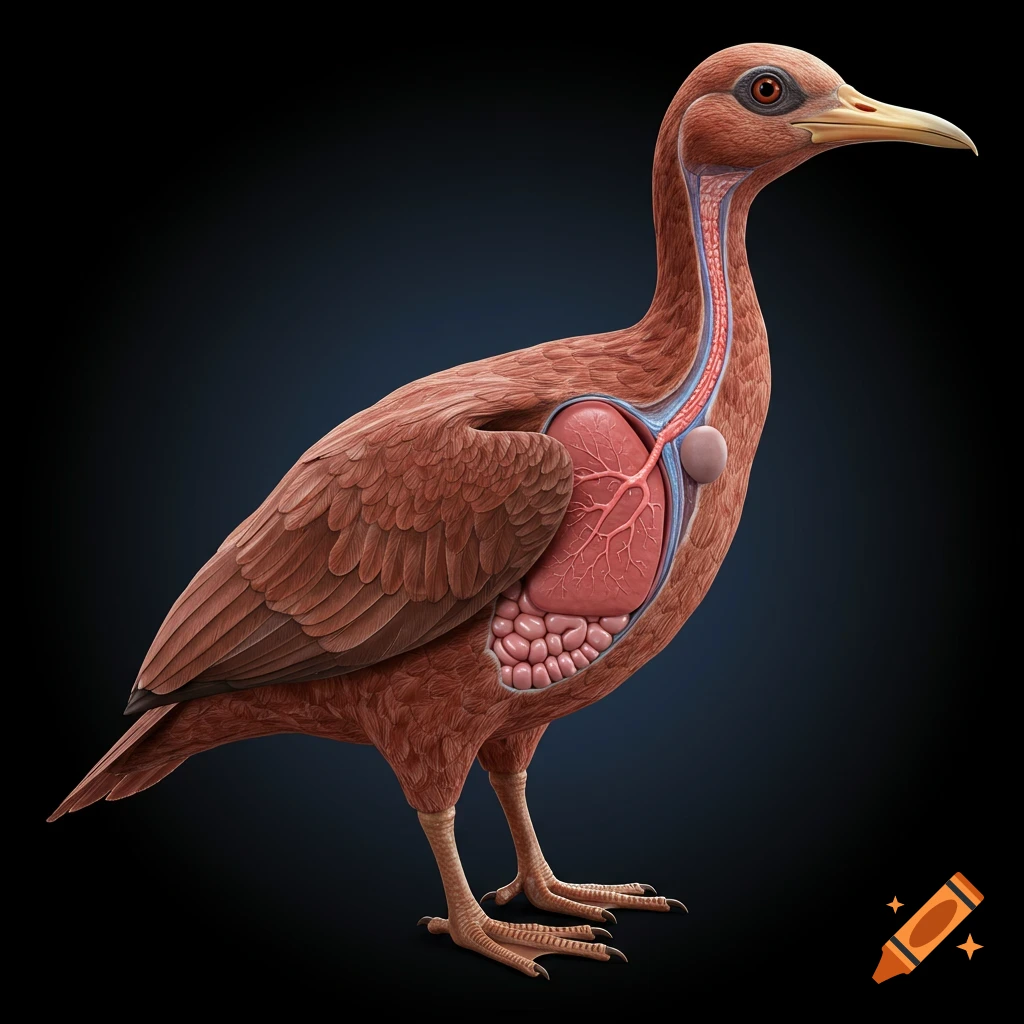 Illustration of a bird showing its internal anatomy, including lungs, heart, and intestines.