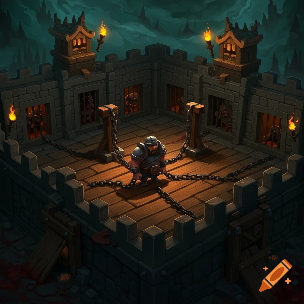 A stylized medieval dungeon with a chained warrior and prisoners in cells, in a cartoonish gaming style.