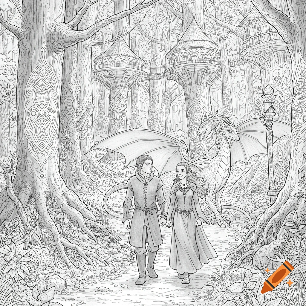 Black and white illustration of a man and woman walking through a forest with a dragon, intricate trees, and tree houses.