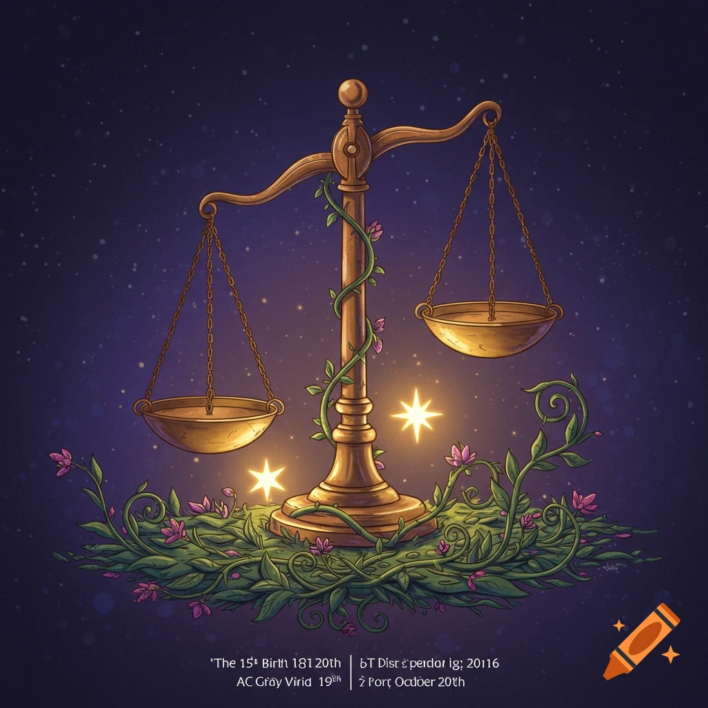 Golden Libra scale wrapped in vine with flowers, lit by glowing stars against a starry sky, illustration.