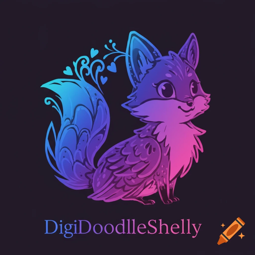 A cute stylized illustration of a fox with a vibrant blue and purple gradient, with the text "DigiDoodleShelly" below.