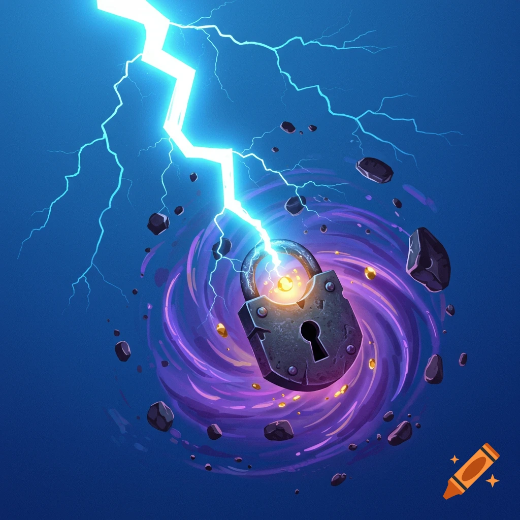 Lightning strikes a floating lock above a purple vortex with rocks and sparks.