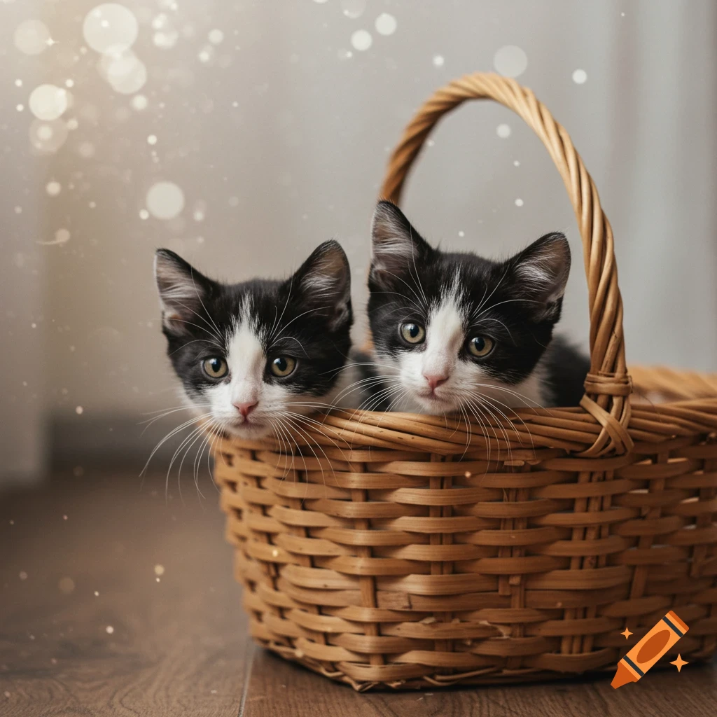 Two black and white kittens look out from a woven basket with bokeh lights in the background.