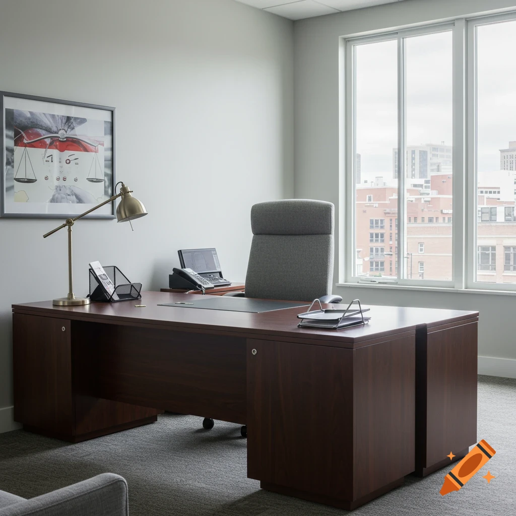 Lawyer's office with large desk, chair, window view, and framed art.