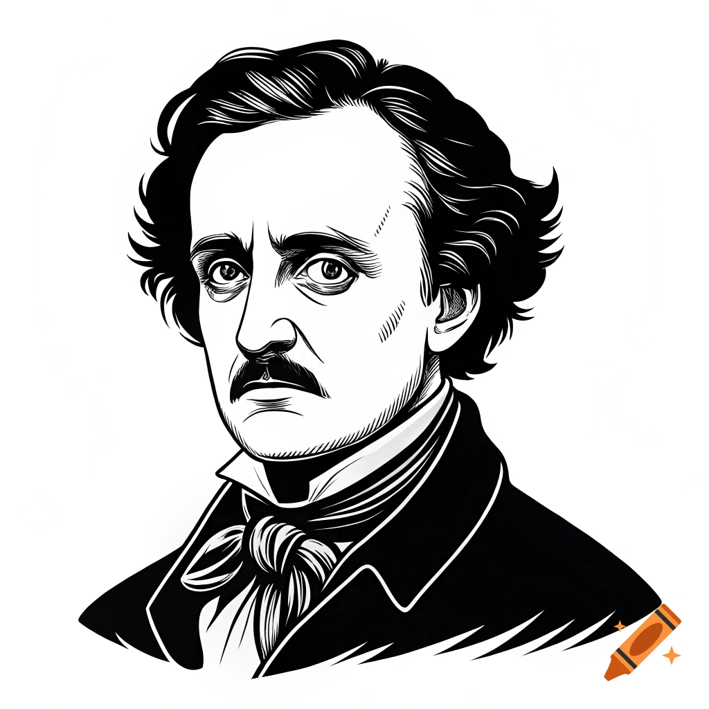 Black and white illustration of Edgar Allan Poe, portrait, tattoo stencil style.