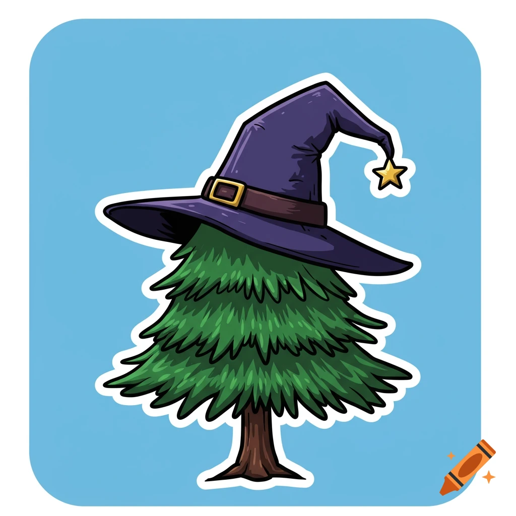 Vector illustration of a pine tree wearing a wizard hat.