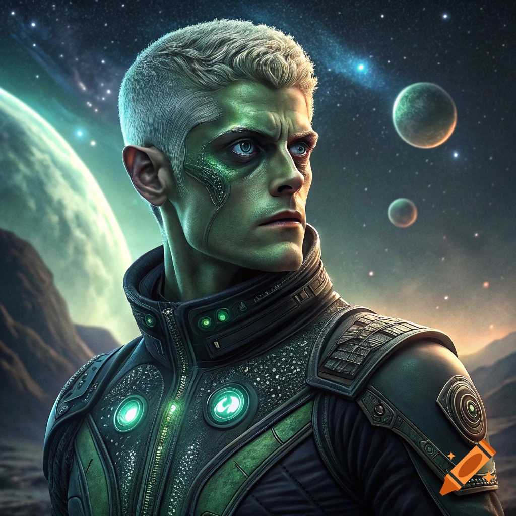 Photorealistic image of a green-skinned alien man in a futuristic suit standing in a space landscape with planets.