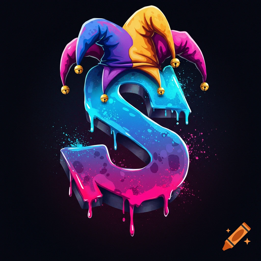Stylized letter S symbol in graffiti style with dripping blue and purple paint and a jester's hat on a dark background.