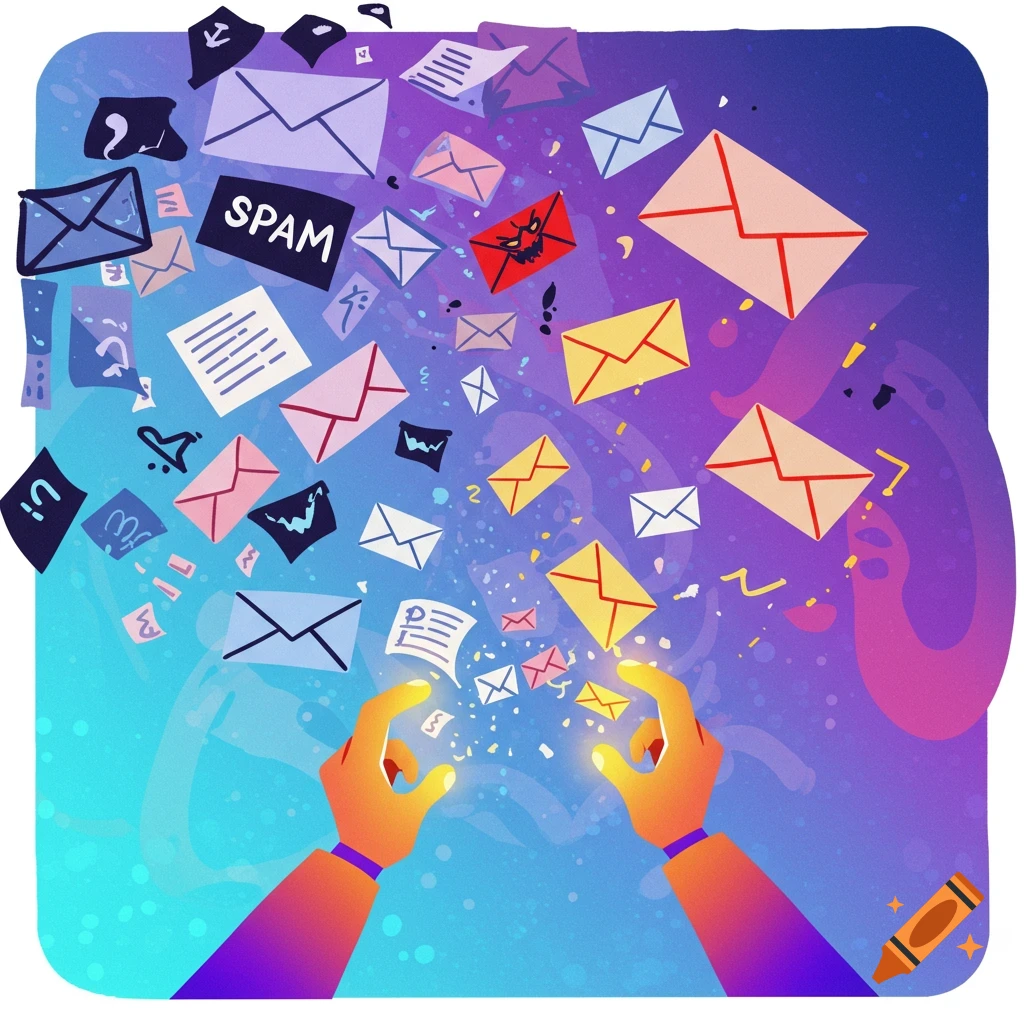Illustration of hands sorting envelopes, one labeled SPAM.