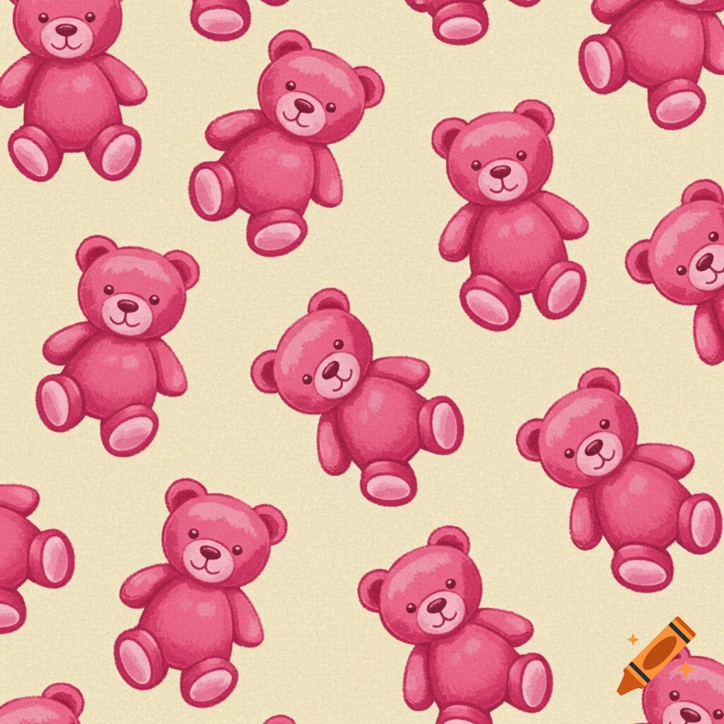 Seamless pattern of pink teddy bears on a cream background.