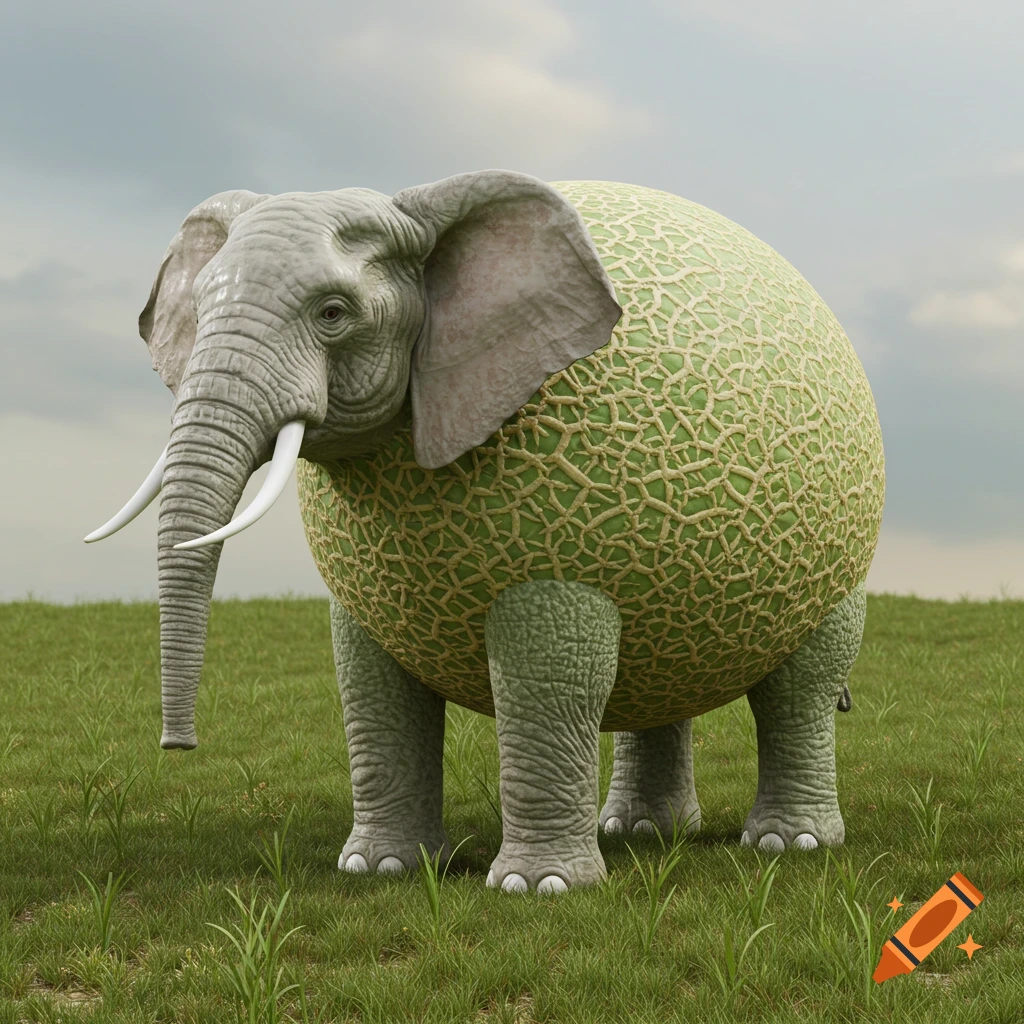 3D render of an elephant with a cantaloupe body