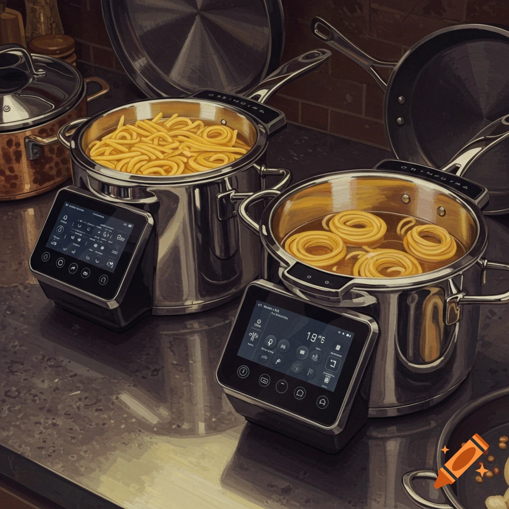 Two cooking pots with pasta, pans, and touch screens on a counter, painted style.